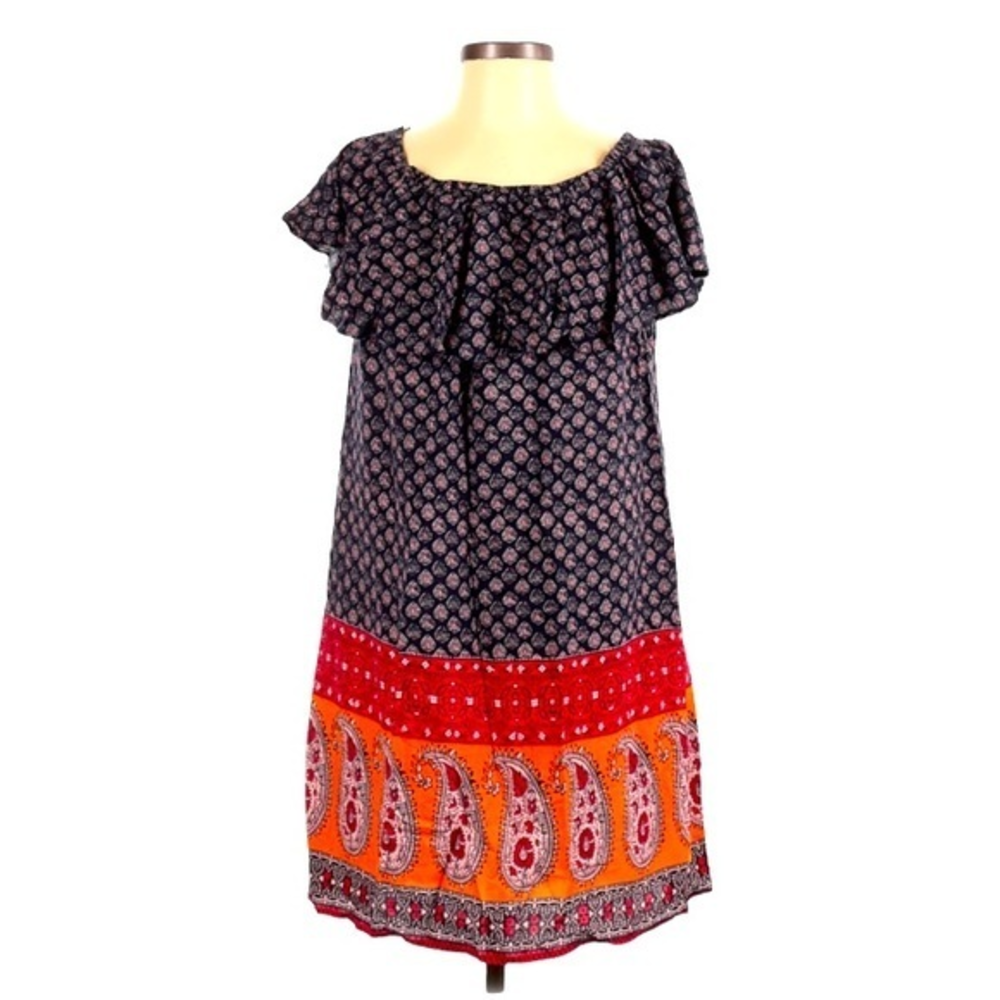 Beach lunch lounge M blue/orange/red paisley boho off the shoulder‎ A line dress